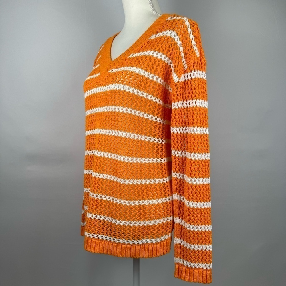 Talbots Open Knit Crochet Tunic Sweater Orange Stripes Cotton Med Pet Beach - Picture 4 of 10